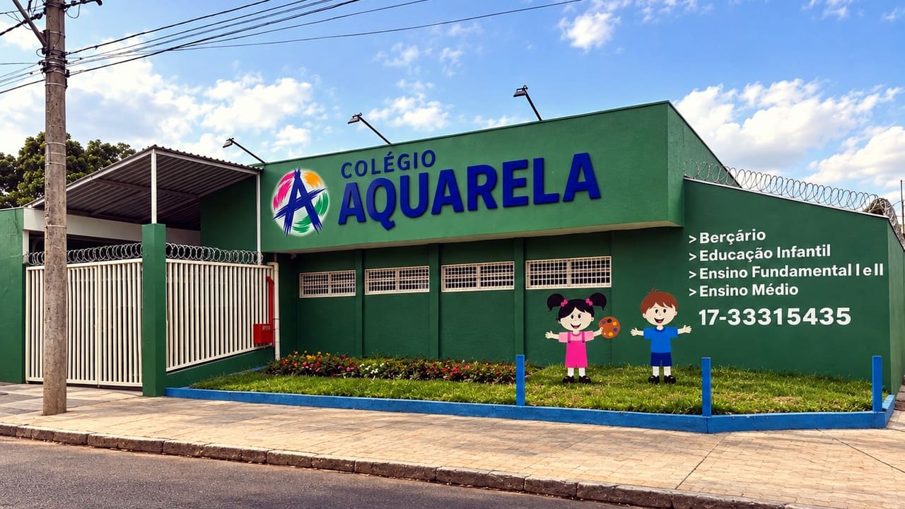 Fachada do Colégio Aquarela: prédio verde com o letreiro e a logo, a lista de segmentos e o telefone pintados na parede, e os recortes do menino e da menina da logo ao lado da entrada